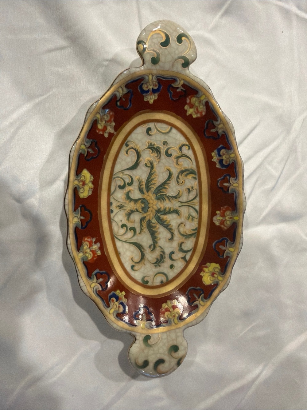 Amita Crackle-Glaze Oval Scalloped Trinket Dish Gold Gilt 9”